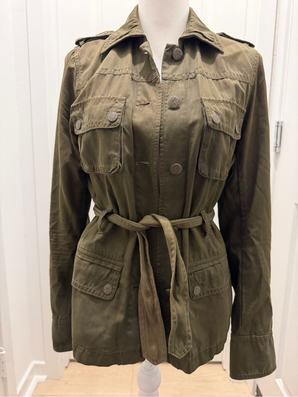 J.Crew Olive Green Utility Military Jacket Belted Silk Cotton Women’s Medium